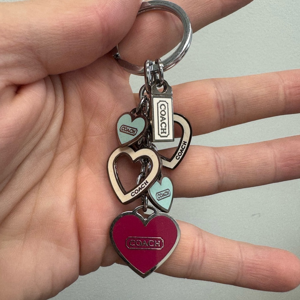 Vintage Coach Silver tone  Pink and Green Heart Keychain - Picture 5 of 6